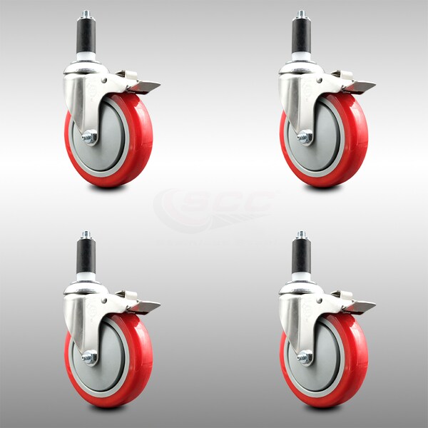 Service Caster 5 Inch 316SS Red Poly Swivel 1-1/4 Inch Expanding Stem Caster Set Lock Brake SCC-SS316TTLEX20S514-PPUB-RED-114-4 - main
